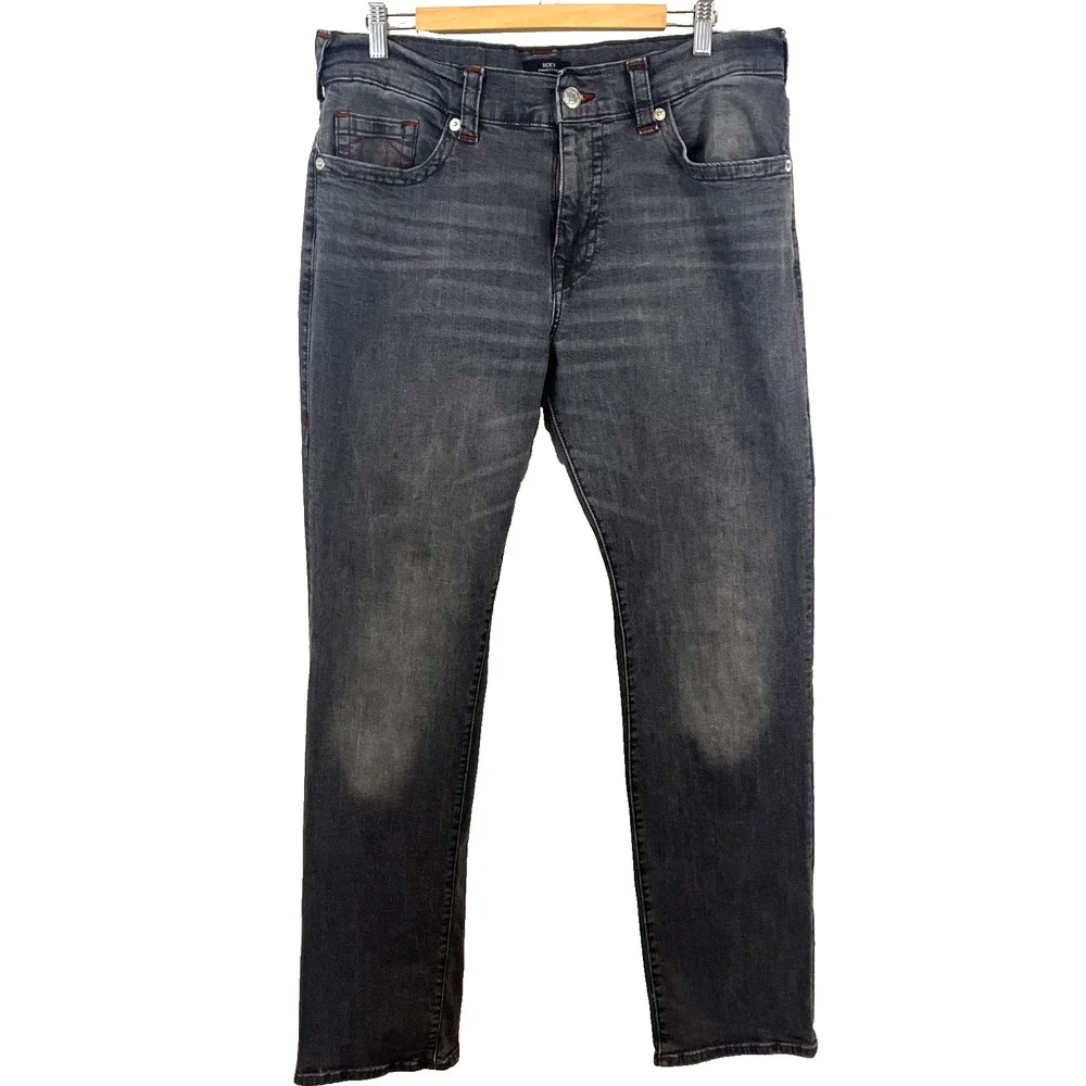 True Religion Men's Washed Gray Straight Jeans with Red Stitching